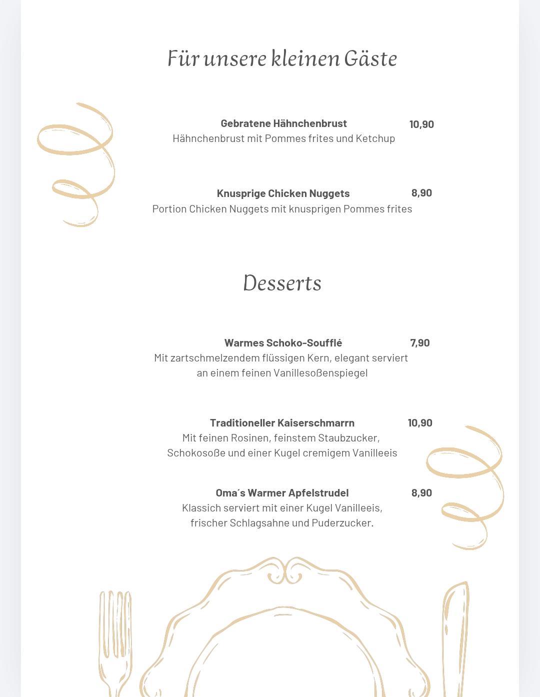 Speisekarte – Kindergerichte und Desserts